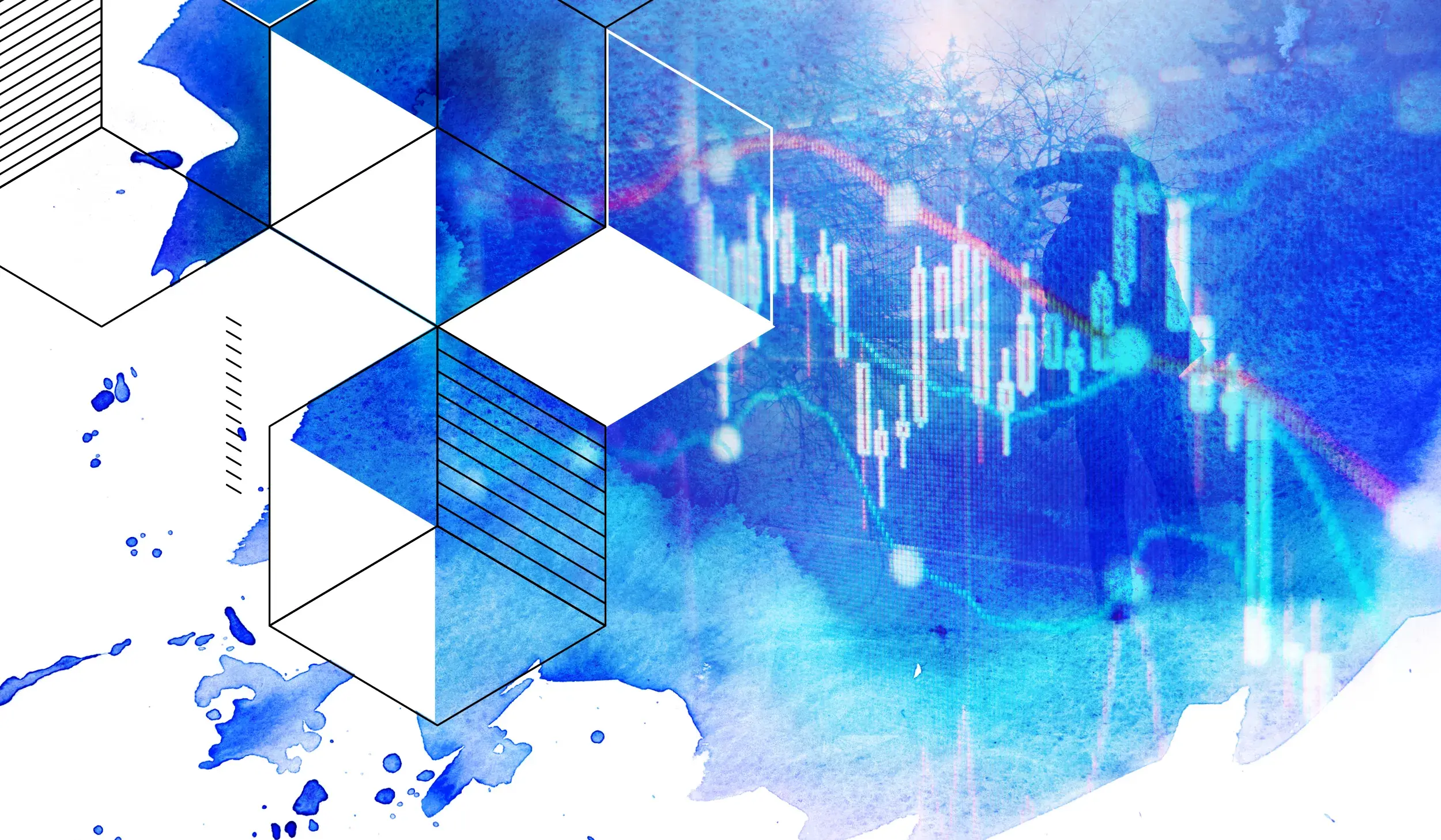 Blue background with data boxes and stock market trend graphics